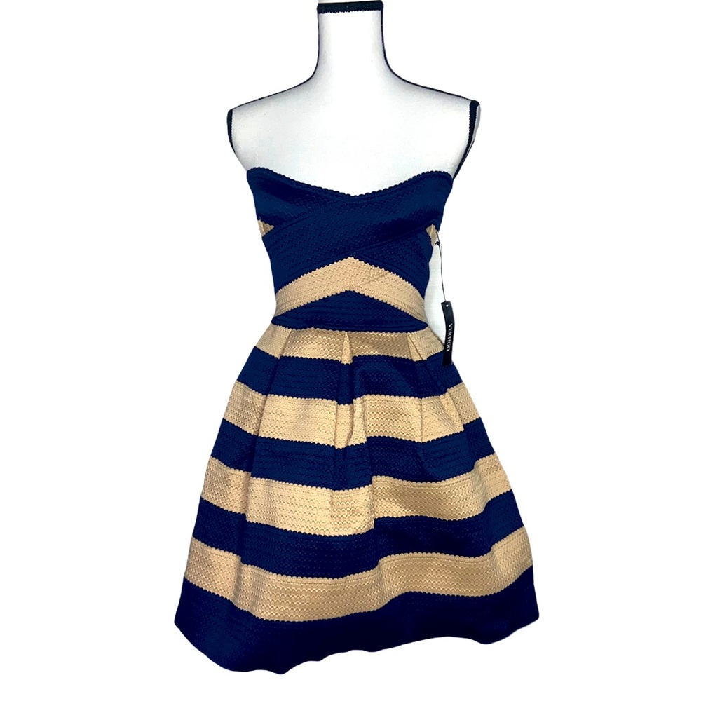 VERTIGO USA Blue & Tan Wrap Strapless Puffy Dress
